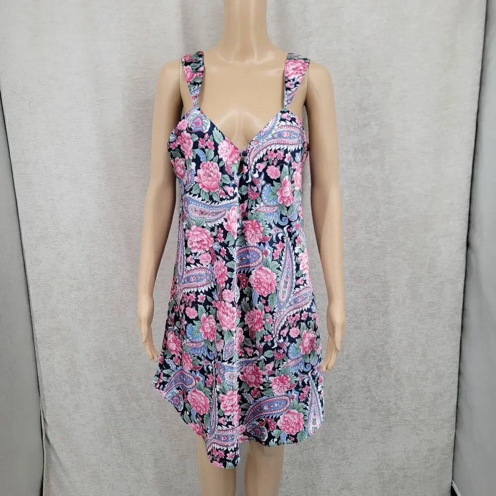 Kathryn Vintage Satin Slip Dress Chemsie Nightgown Pink Blue Paisley Floral